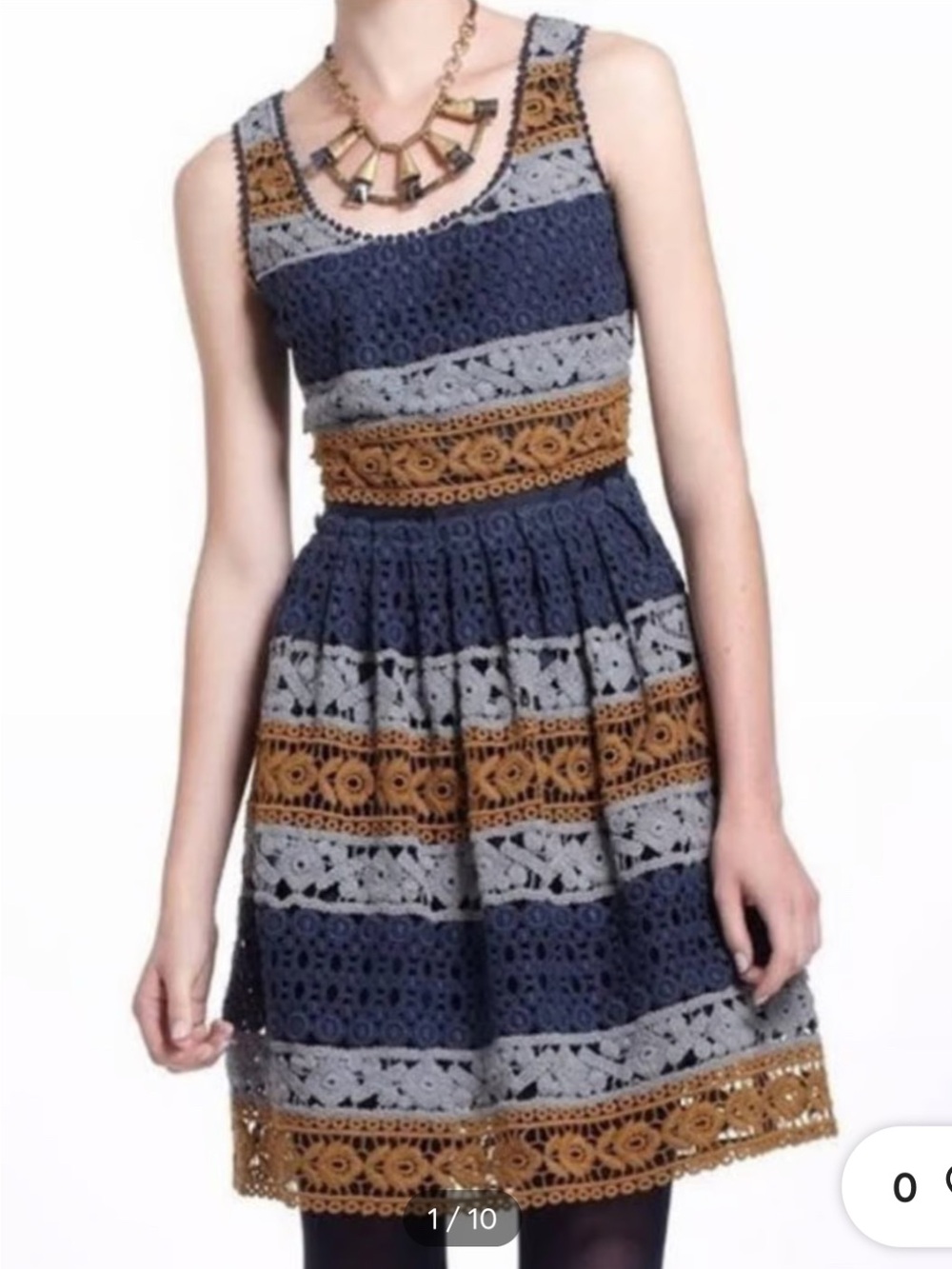 Maeve Navy Mustard Crochet Lace Fit-and-Flare Sleeveless Dress